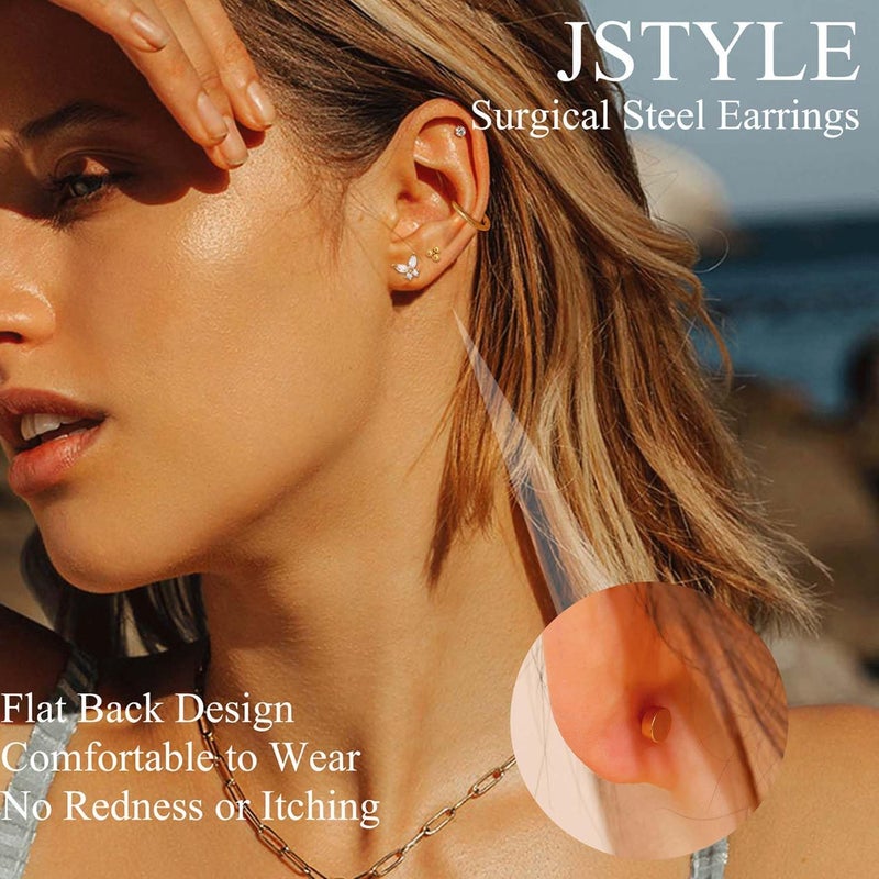 Jstyle Hypoallergenic 14K Gold Plated Flat Back Earrings for Women Men Surgical Stainless Steel Earrings for Sensitive Ears Small Stud Hoop Cartilage Earring Stack Set for Multiple Piercing Jewelry - Image 2